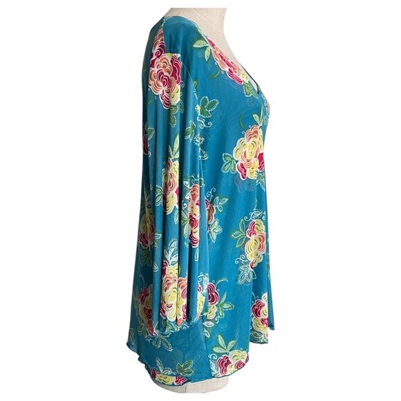Passports Women Floral Blue Top X-Large Blue Multicolor Bell Sleeve Sheer Lined - Picture 2 of 7